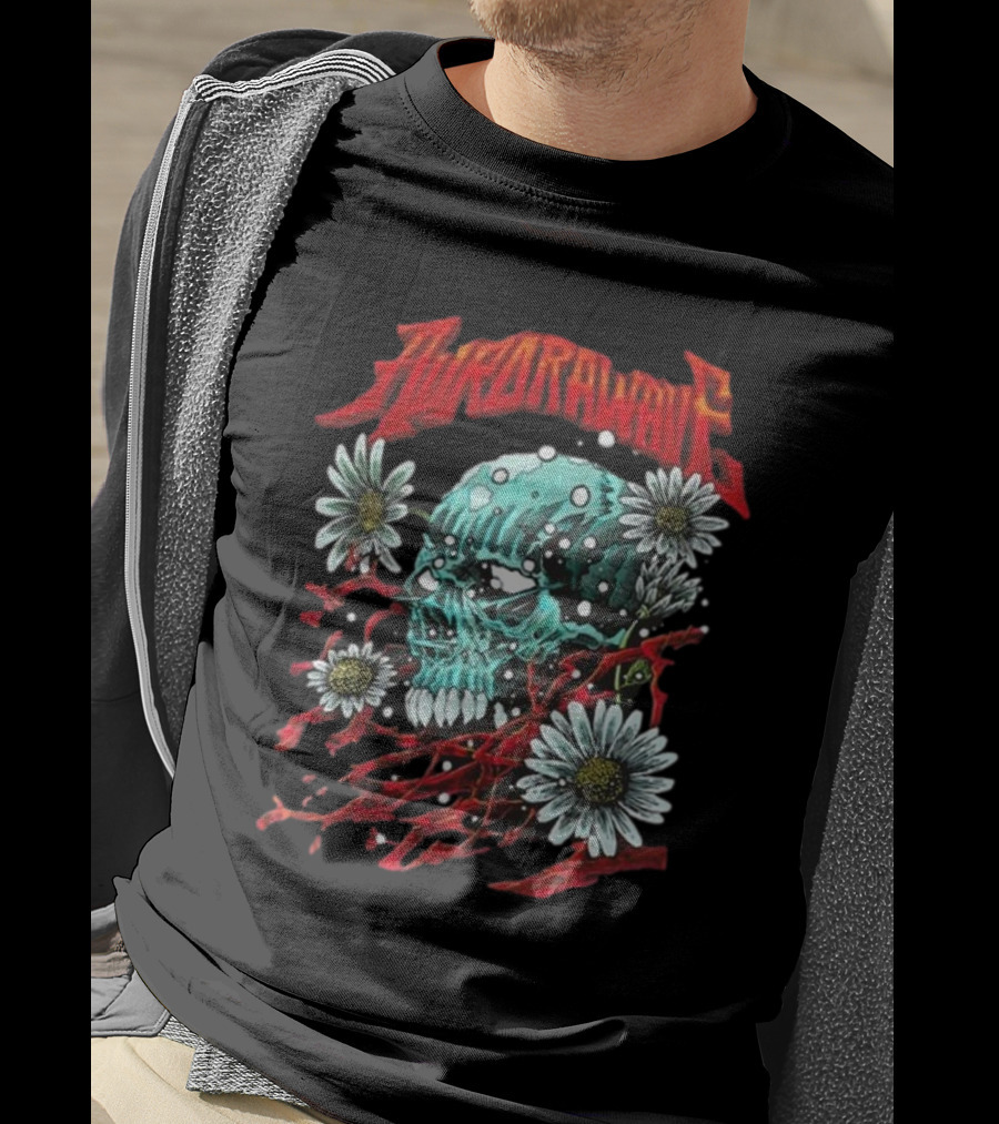 Aurora Wave Skull With Flowers And Red Vines T-Shirt