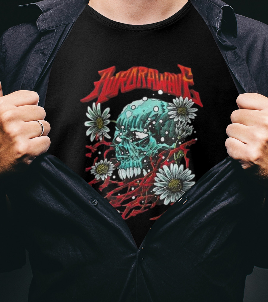 Aurora Wave Skull With Flowers And Red Vines T-Shirt
