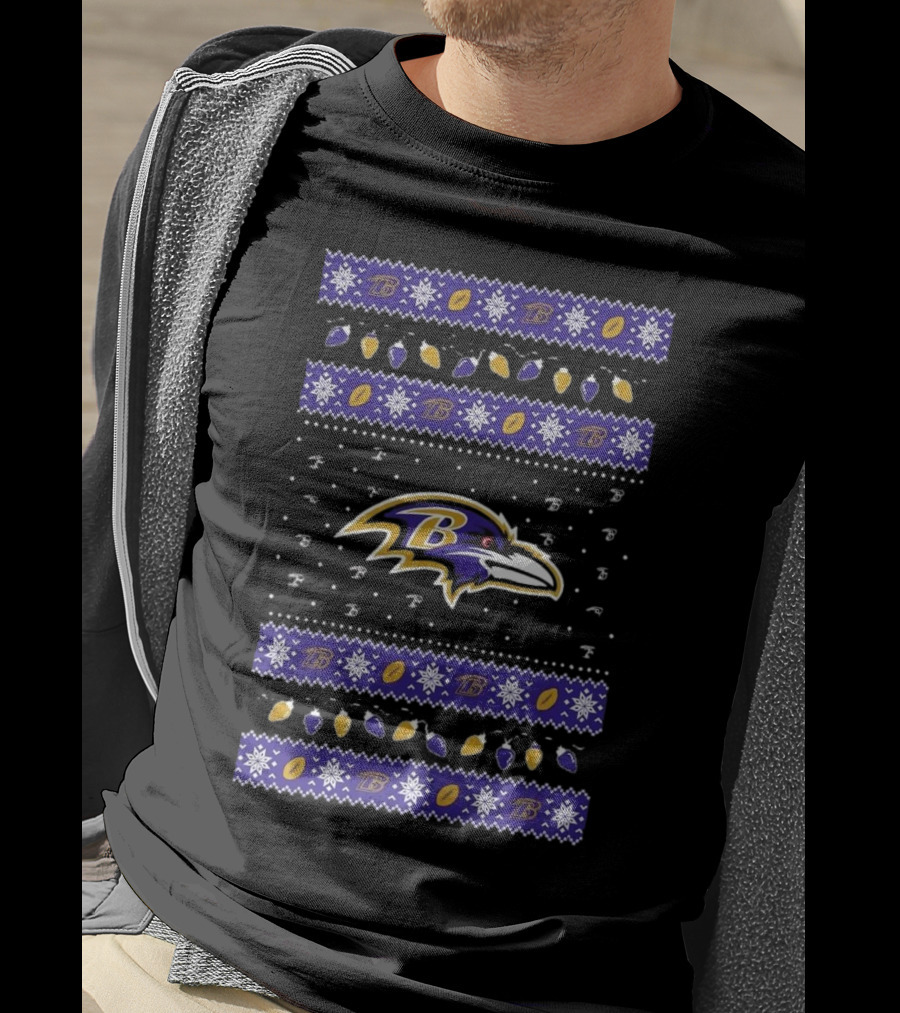 Baltimore Ravens NFL Festive Ugly Sweater Holiday Lights Christmas T-Shirt