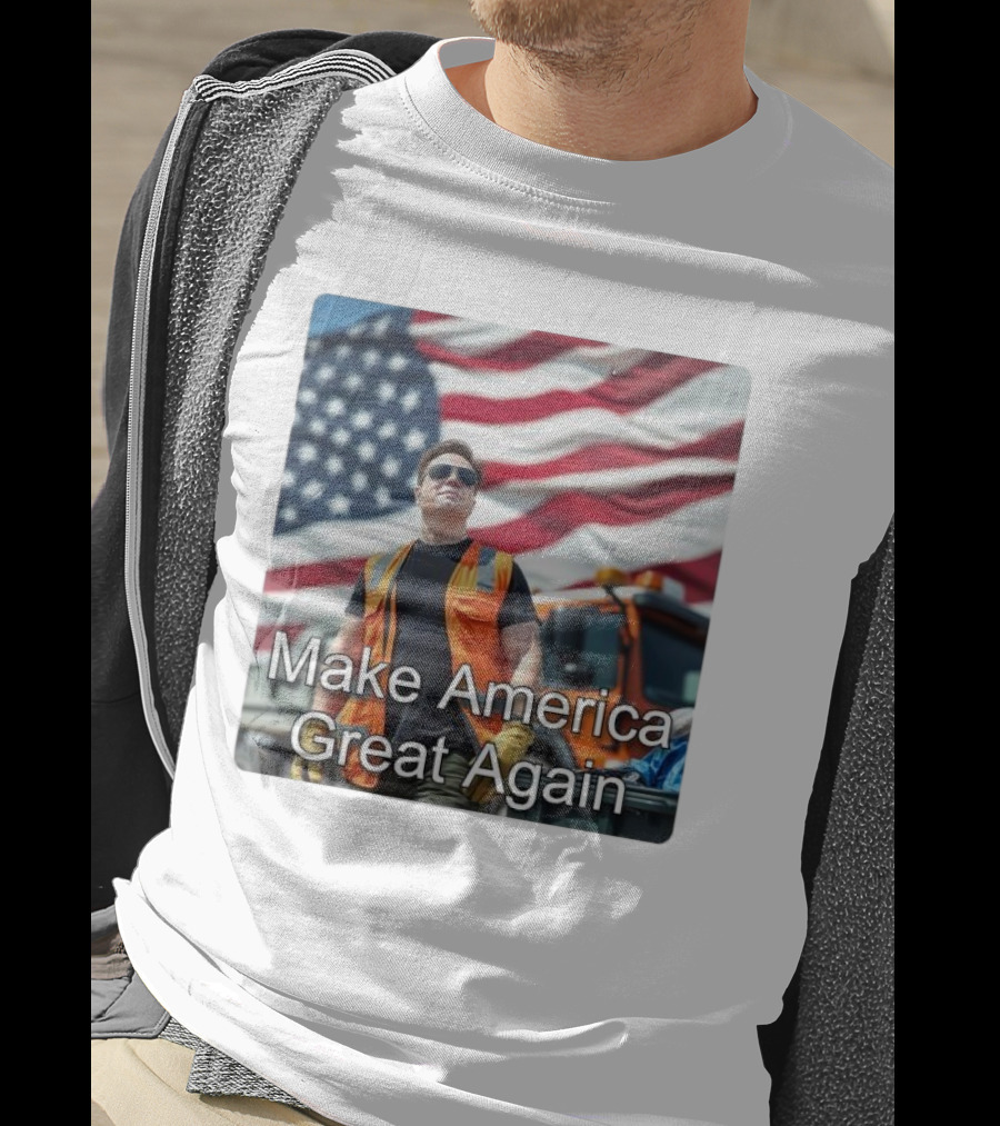 Make America Great Again Elon Musk In Orange Vest With American Flag Background T-Shirt
