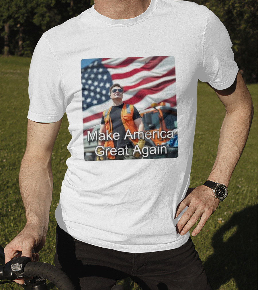 Make America Great Again Elon Musk In Orange Vest With American Flag Background T-Shirt