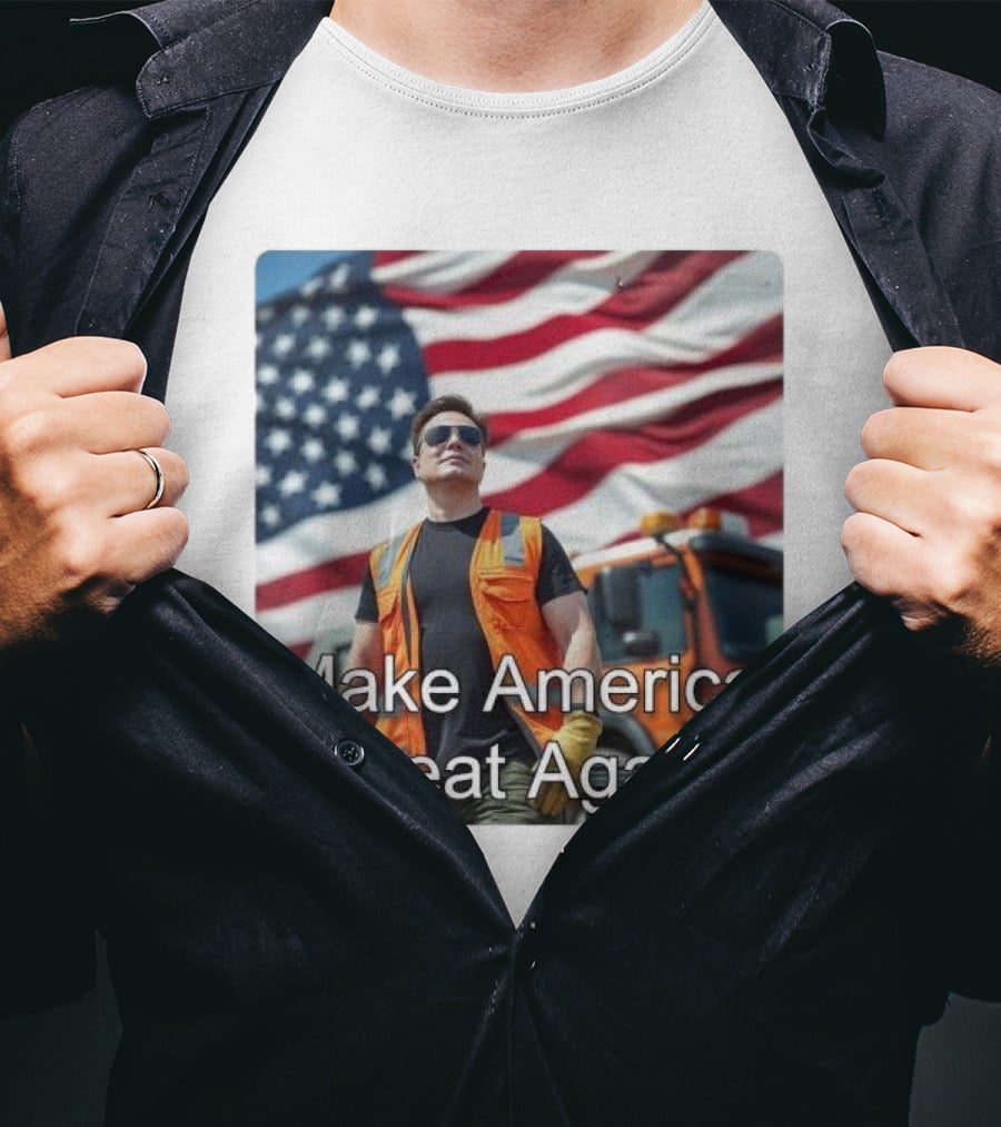 Make America Great Again Elon Musk In Orange Vest With American Flag Background T-Shirt