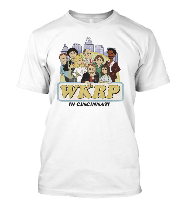 WKRP In Cincinnati Cartoon Cast Illustration 2024 Skyline Scene T-Shirt