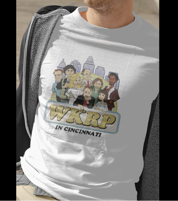 WKRP In Cincinnati Cartoon Cast Illustration 2024 Skyline Scene T-Shirt