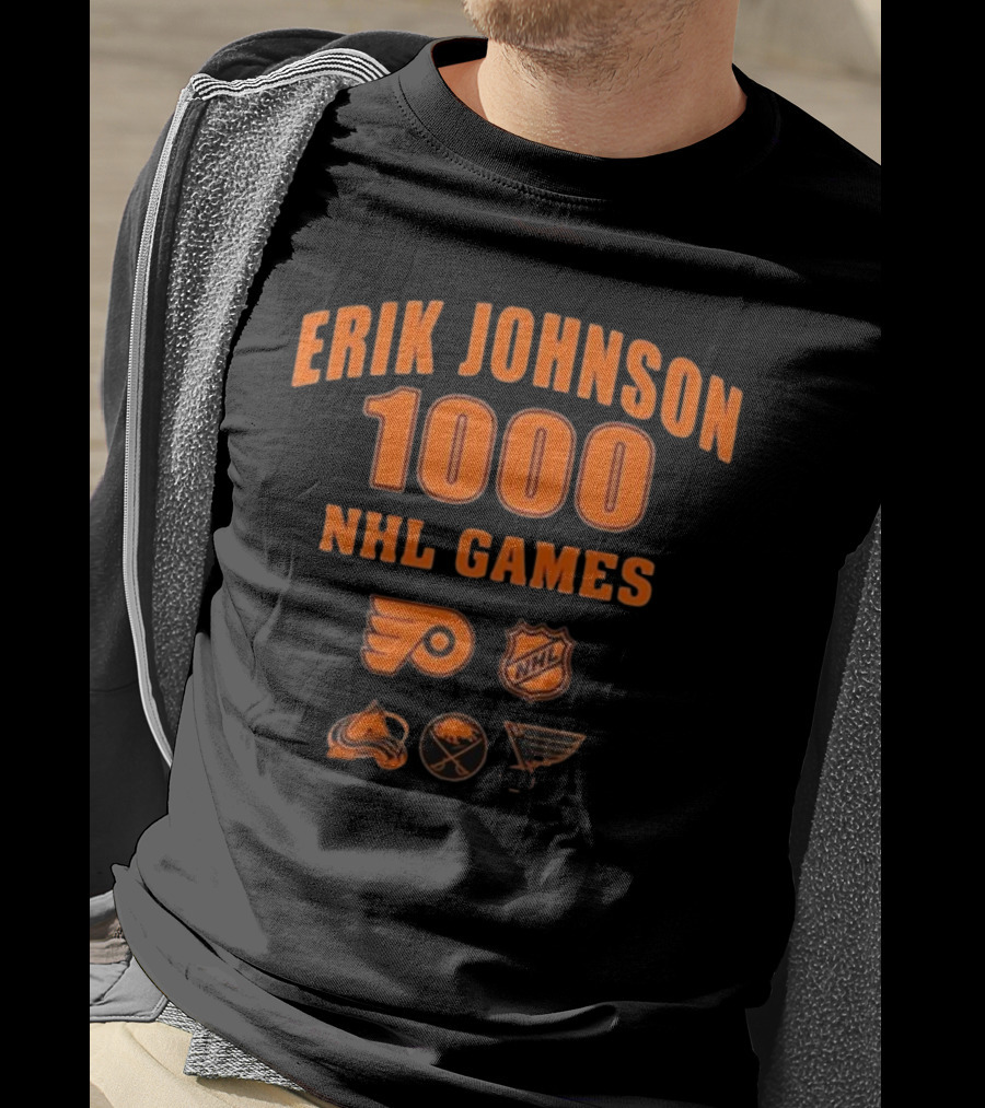 Erik Johnson 1000 NHL Games Philadelphia Flyers Colorado Avalanche Buffalo Sabres St. Louis Blues T-Shirt