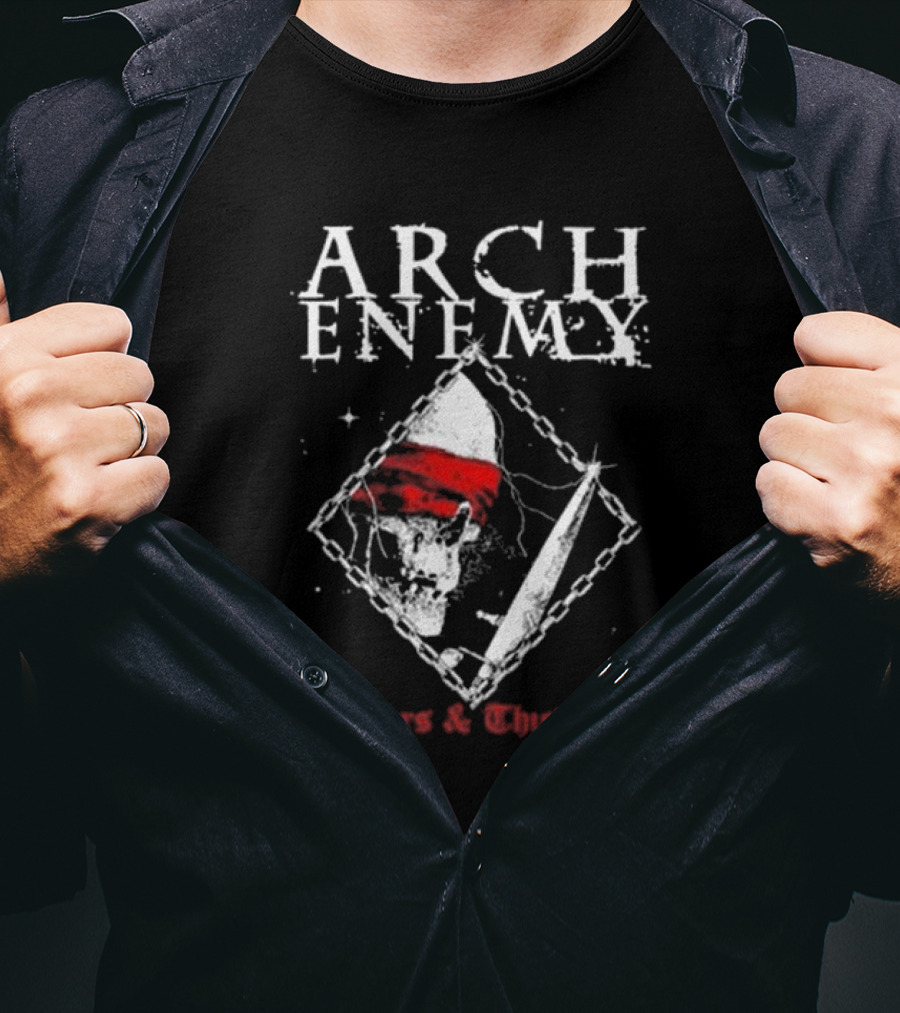 Arch Enemy Skull With Bandana, Knife, And Chains Liars And Thieves T-Shirt