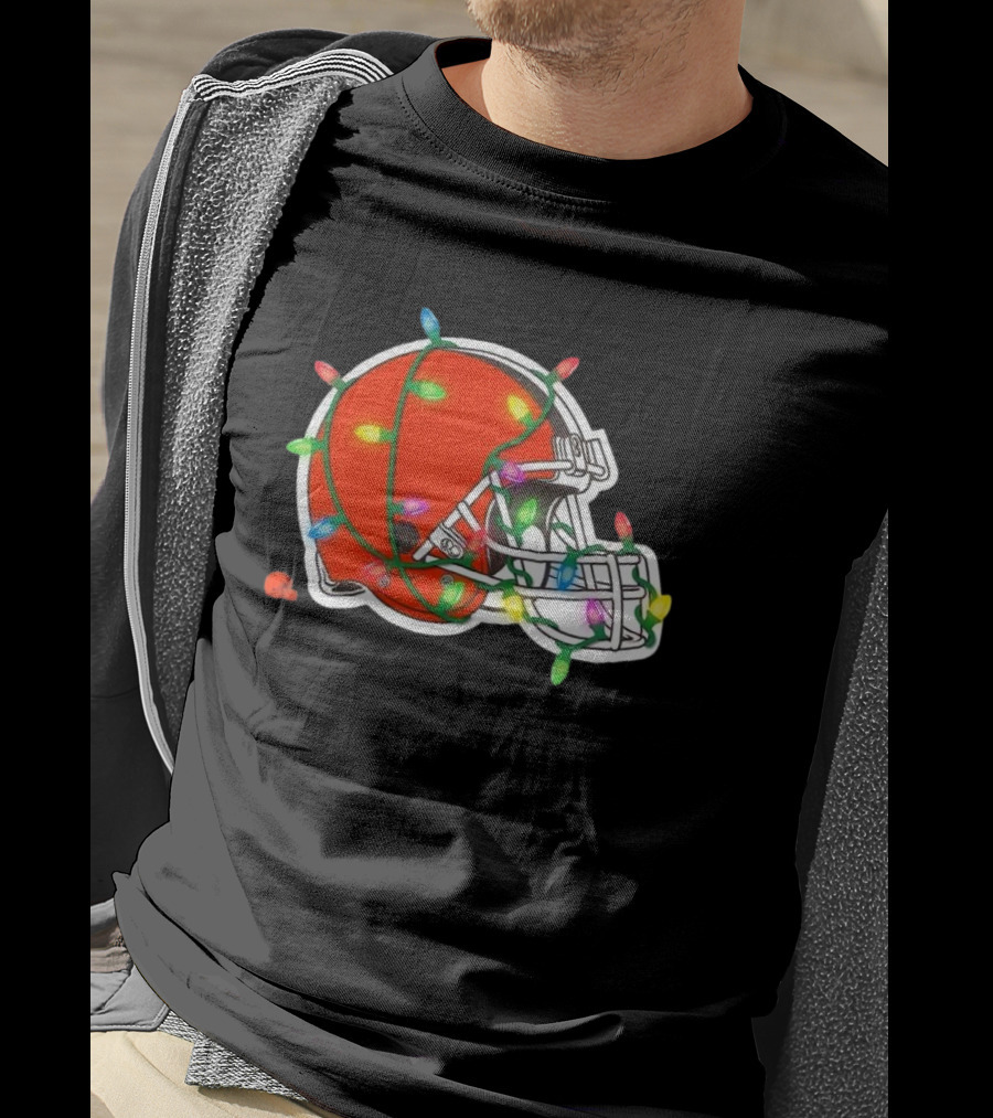 Cleveland Browns Helmet Wrapped In Holiday Lights T-Shirt
