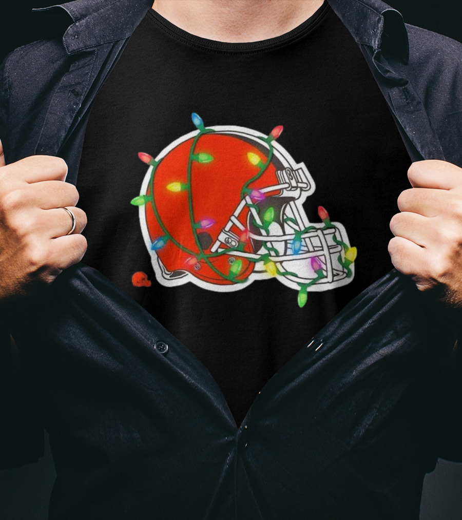 Cleveland Browns Helmet Wrapped In Holiday Lights T-Shirt