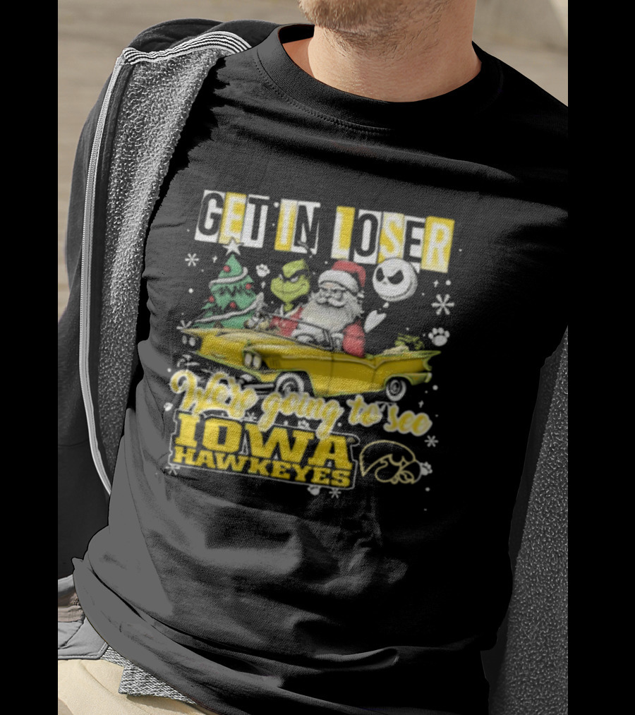 Get In Loser Santa Grinch Jack Skellington Driving To Iowa Hawkeyes Christmas T-Shirt