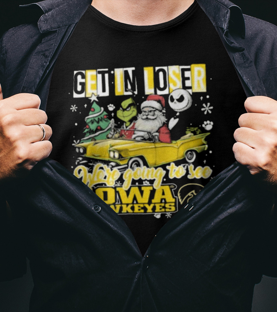 Get In Loser Santa Grinch Jack Skellington Driving To Iowa Hawkeyes Christmas T-Shirt
