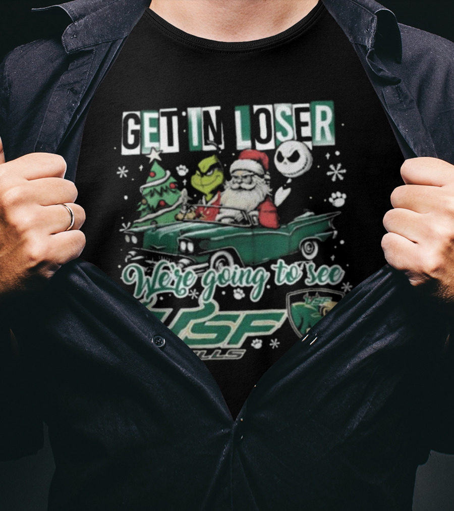 Get In Loser Santa Grinch Jack Skellington Driving Car To See USF Bulls Christmas T-Shirt