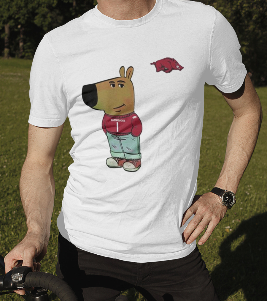 Arkansas Razorbacks Chill Guy Mascot With Cartoon Character In Red Sweater And Jeans T-Shirt