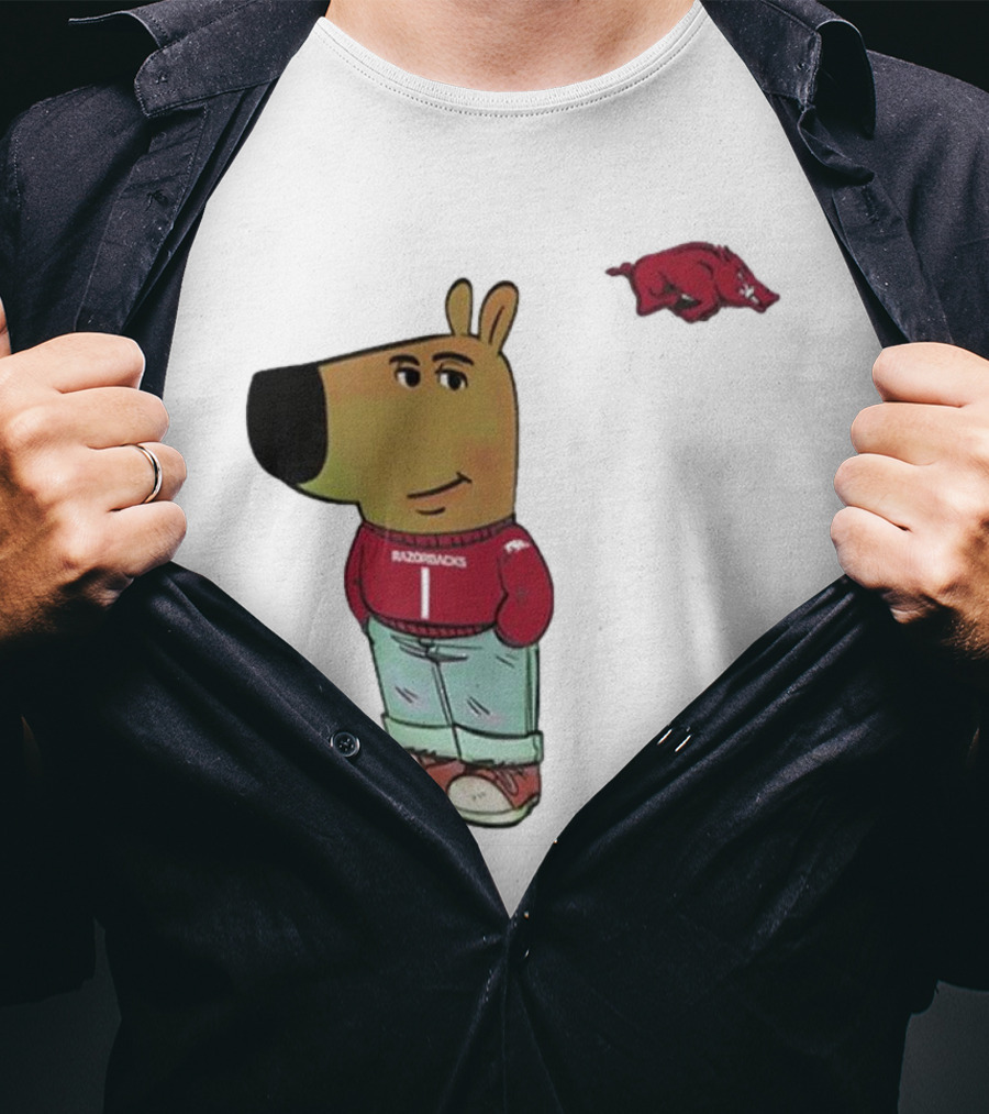 Arkansas Razorbacks Chill Guy Mascot With Cartoon Character In Red Sweater And Jeans T-Shirt