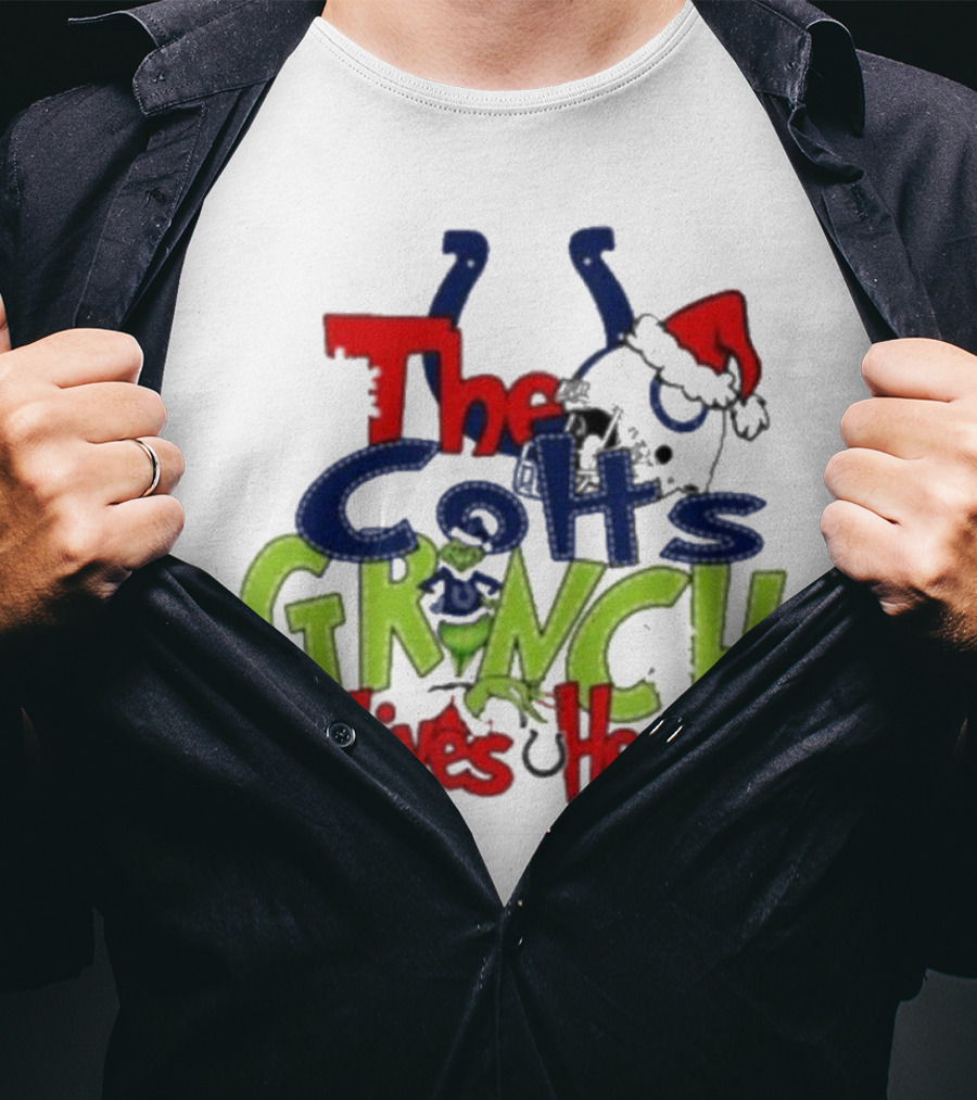 The Indianapolis Colts Grinch Lives Here Christmas Santa Hat T-Shirt