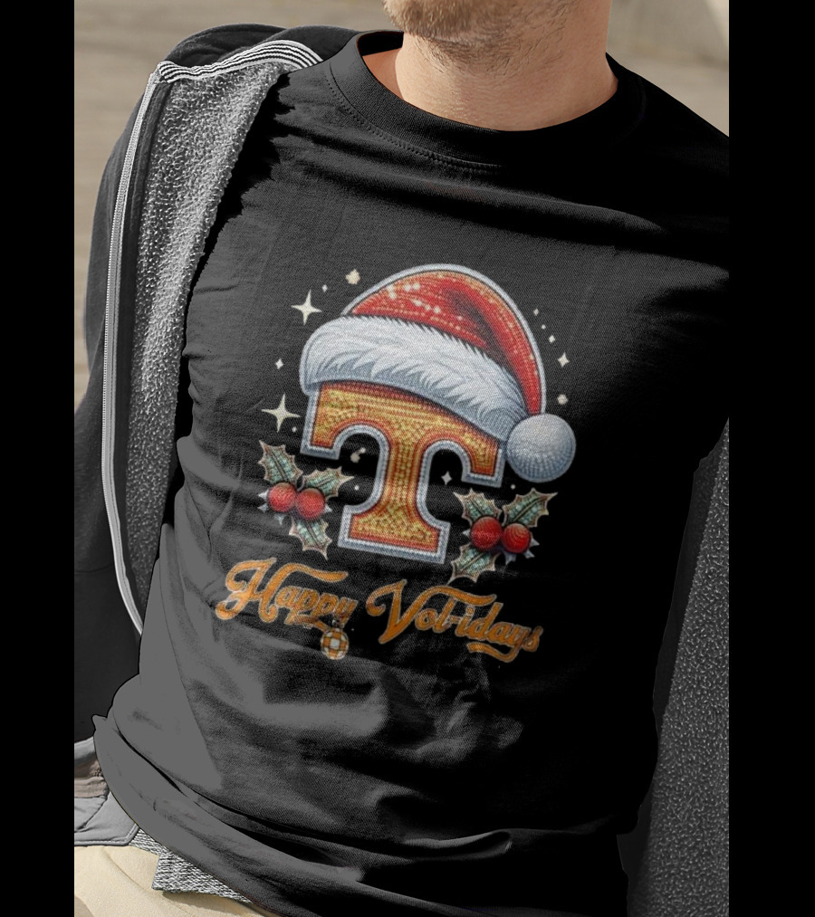 Happy Vol-idays Santa Hat T With Holly And Stars T-Shirt