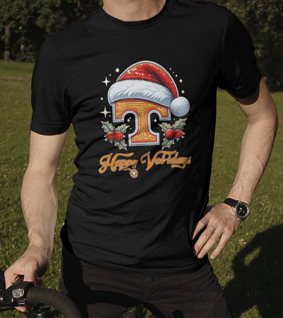 Happy Vol-idays Santa Hat T With Holly And Stars T-Shirt