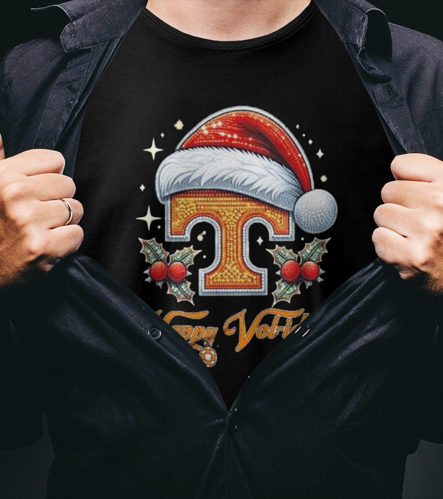 Happy Vol-idays Santa Hat T With Holly And Stars T-Shirt