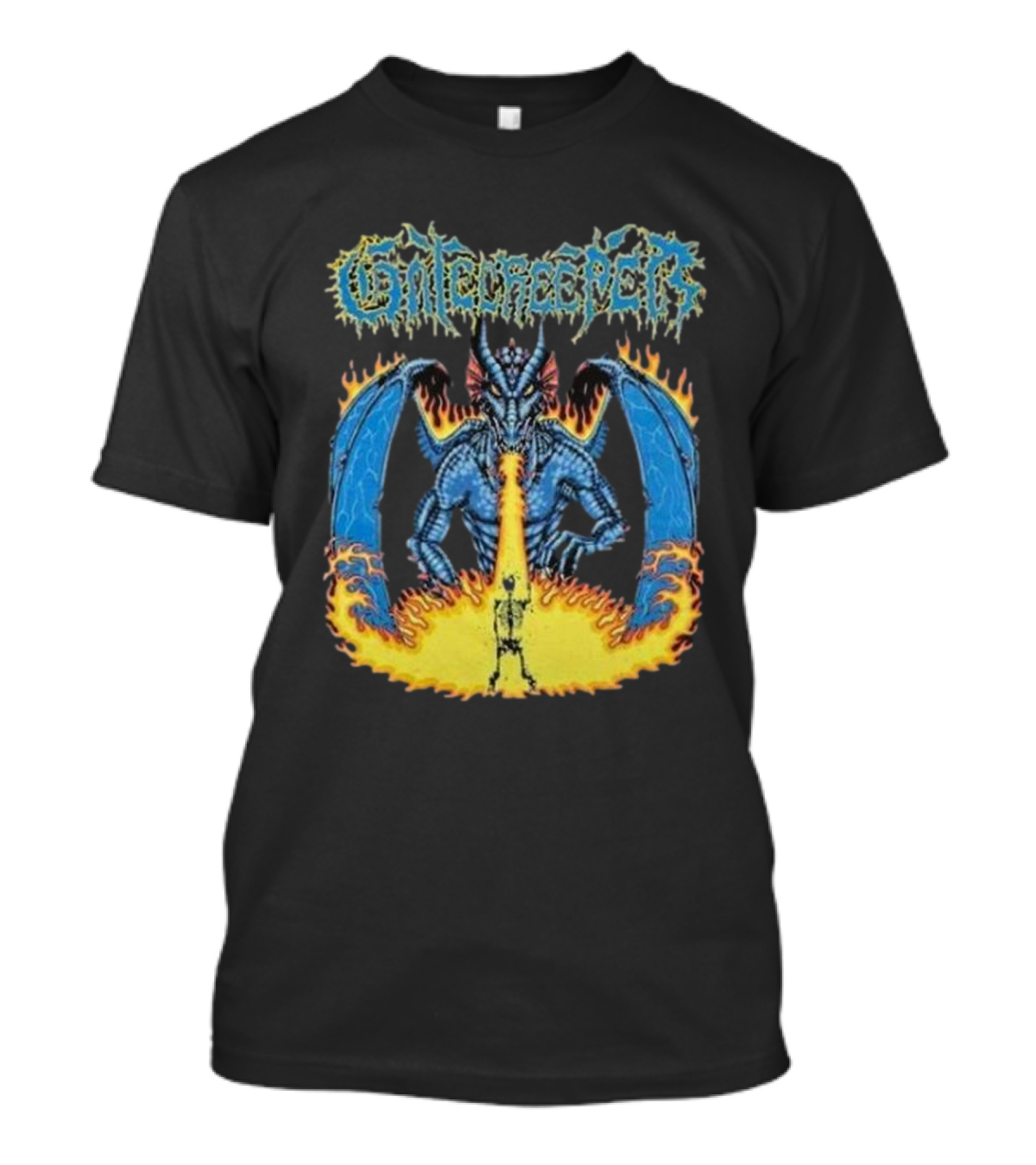Gatecreeper Blue Dragon Breathing Fire With Fiery Surroundings T-Shirt