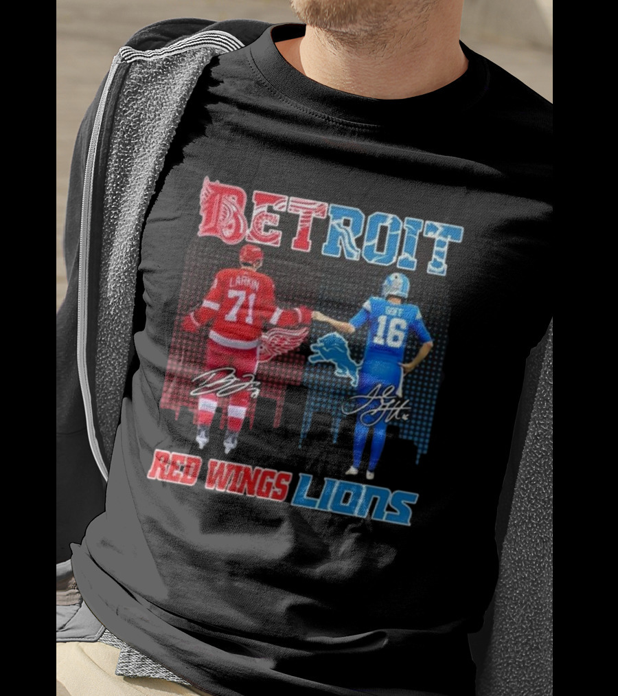 Larkin 71 Detroit Red Wings Goff 16 Detroit Lions Signature Collaboration T-Shirt