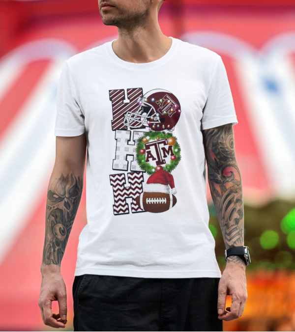 Premium T-Shirt: Texas A M Aggies Football Christmas Ho Ho Ho ATM Helmet Wreath Football T-Shirt Texas A M Aggies Football Christmas Ho Ho Ho ATM Helmet Wreath Football T-Shirt