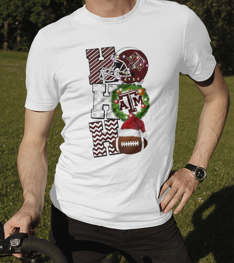 Texas A M Aggies Football Christmas Ho Ho Ho ATM Helmet Wreath Football T-Shirt