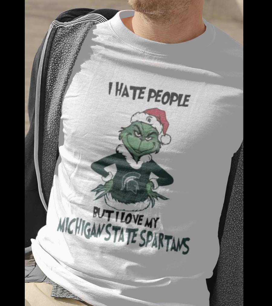 I Hate People But I Love My Michigan State Spartans Grinch Christmas Santa Hat T-Shirt