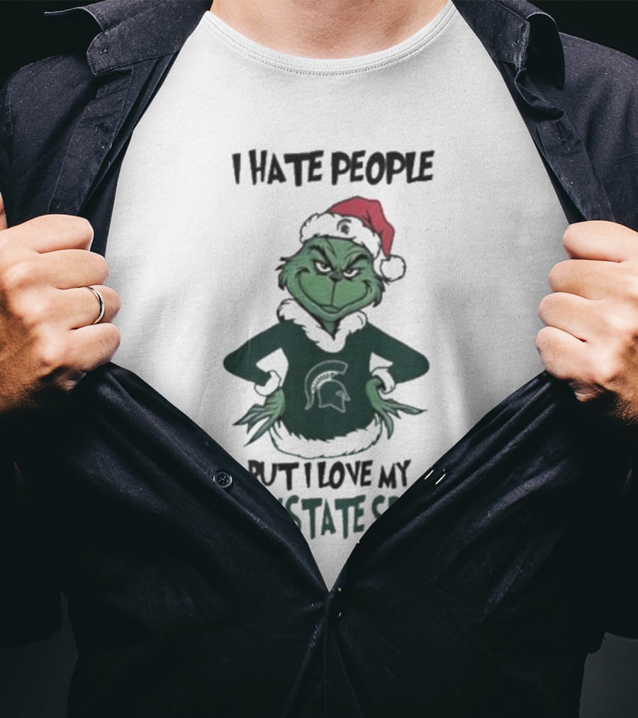 I Hate People But I Love My Michigan State Spartans Grinch Christmas Santa Hat T-Shirt