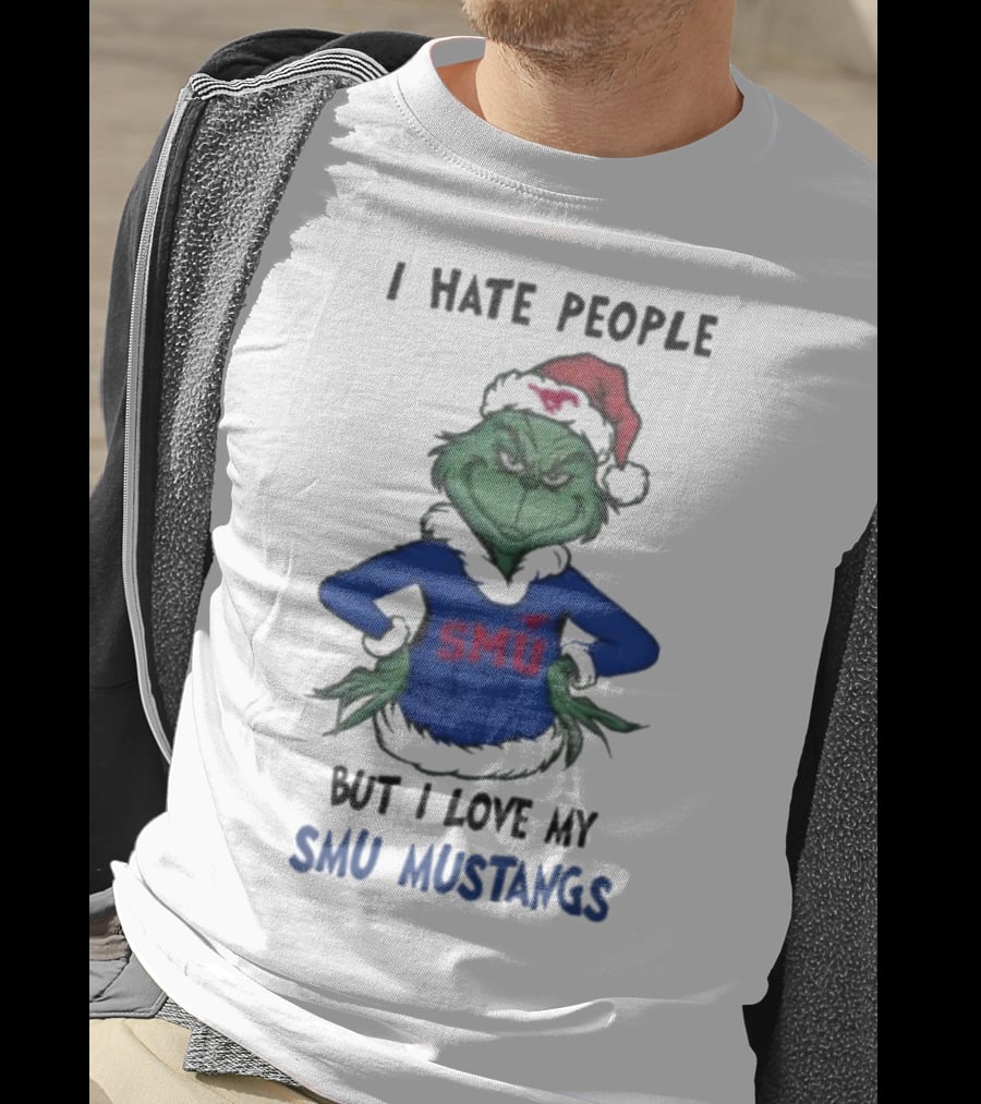I Hate People But I Love My SMU Mustangs Grinch Santa Hat Christmas T-Shirt