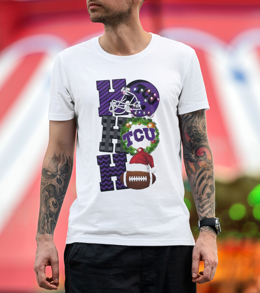 TCU Horned Frogs Football Christmas Ho Ho Ho Helmet and Wreath Game Day T-Shirt