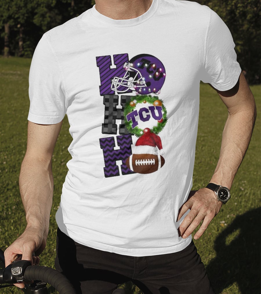 TCU Horned Frogs Football Christmas Ho Ho Ho Helmet And Wreath Game Day T-Shirt