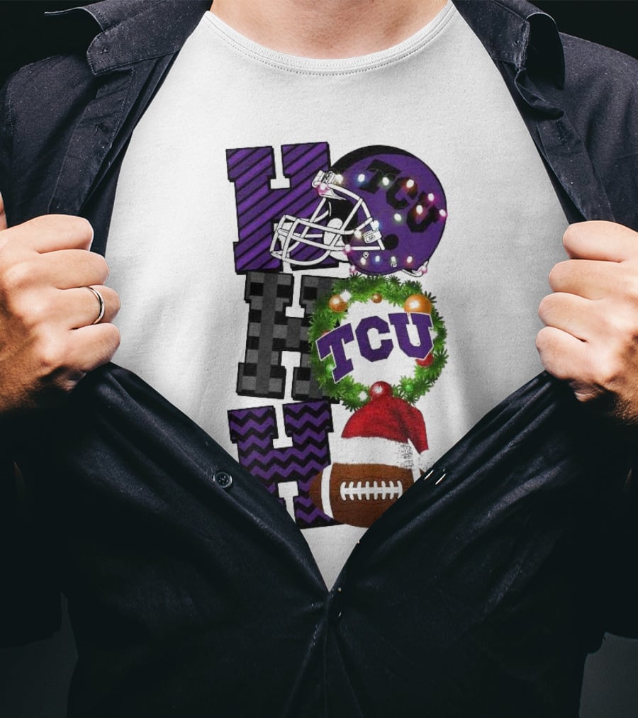 TCU Horned Frogs Football Christmas Ho Ho Ho Helmet And Wreath Game Day T-Shirt