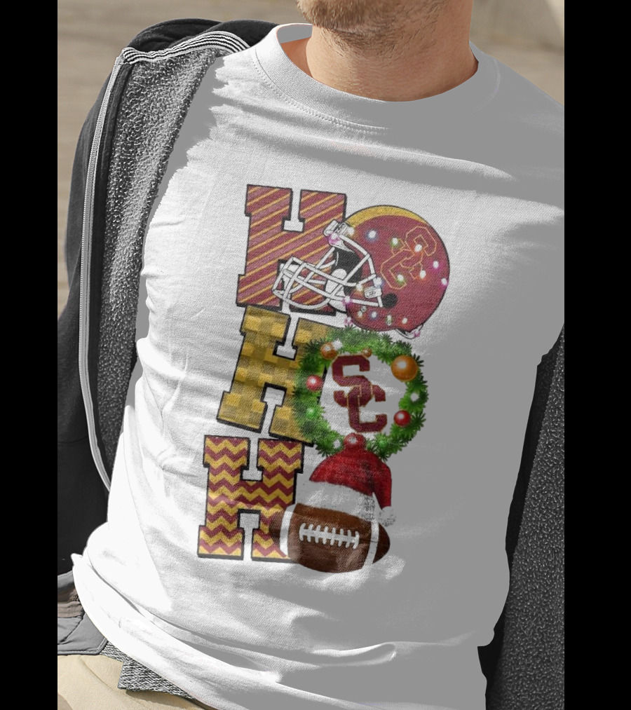 USC Trojans Football Christmas Ho Ho Ho SC Festive Helmet Wreath Game Day T-Shirt