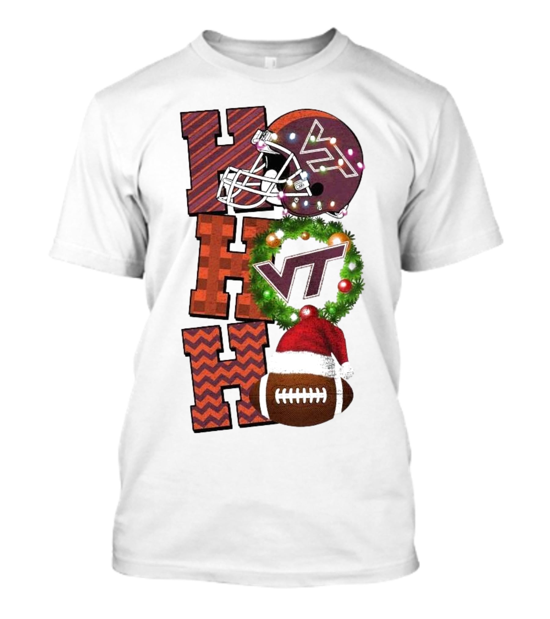 Virginia Tech Hokies Football Christmas Ho Ho Ho VT Helmet Wreath Game Day T-Shirt