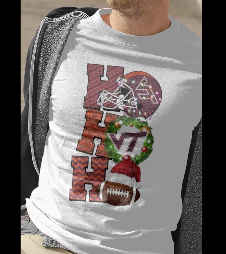 Virginia Tech Hokies Football Christmas Ho Ho Ho VT Helmet Wreath Game Day T-Shirt