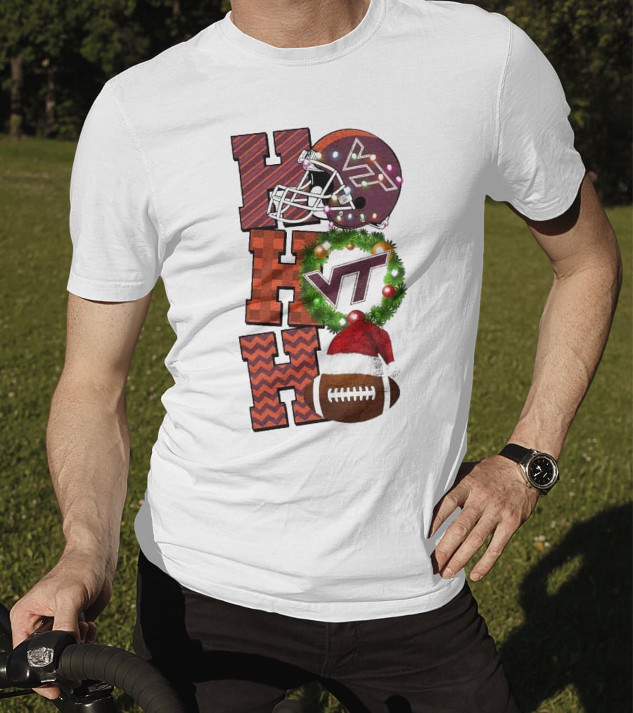 Virginia Tech Hokies Football Christmas Ho Ho Ho VT Helmet Wreath Game Day T-Shirt