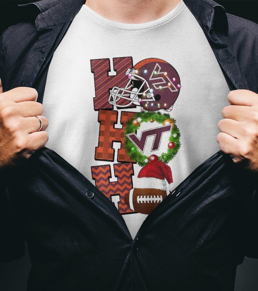 Virginia Tech Hokies Football Christmas Ho Ho Ho VT Helmet Wreath Game Day T-Shirt