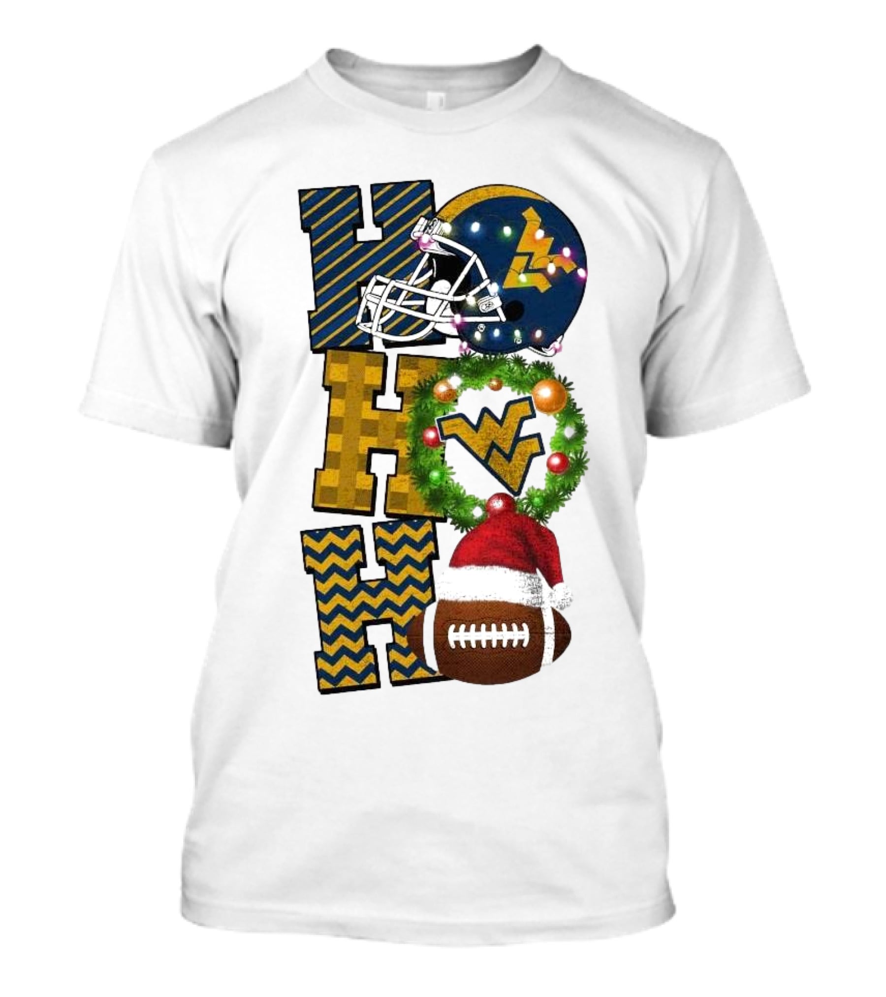 West Virginia Mountaineers Football Christmas Ho Ho Ho Helmet Wreath Santa Hat Game Day T-Shirt