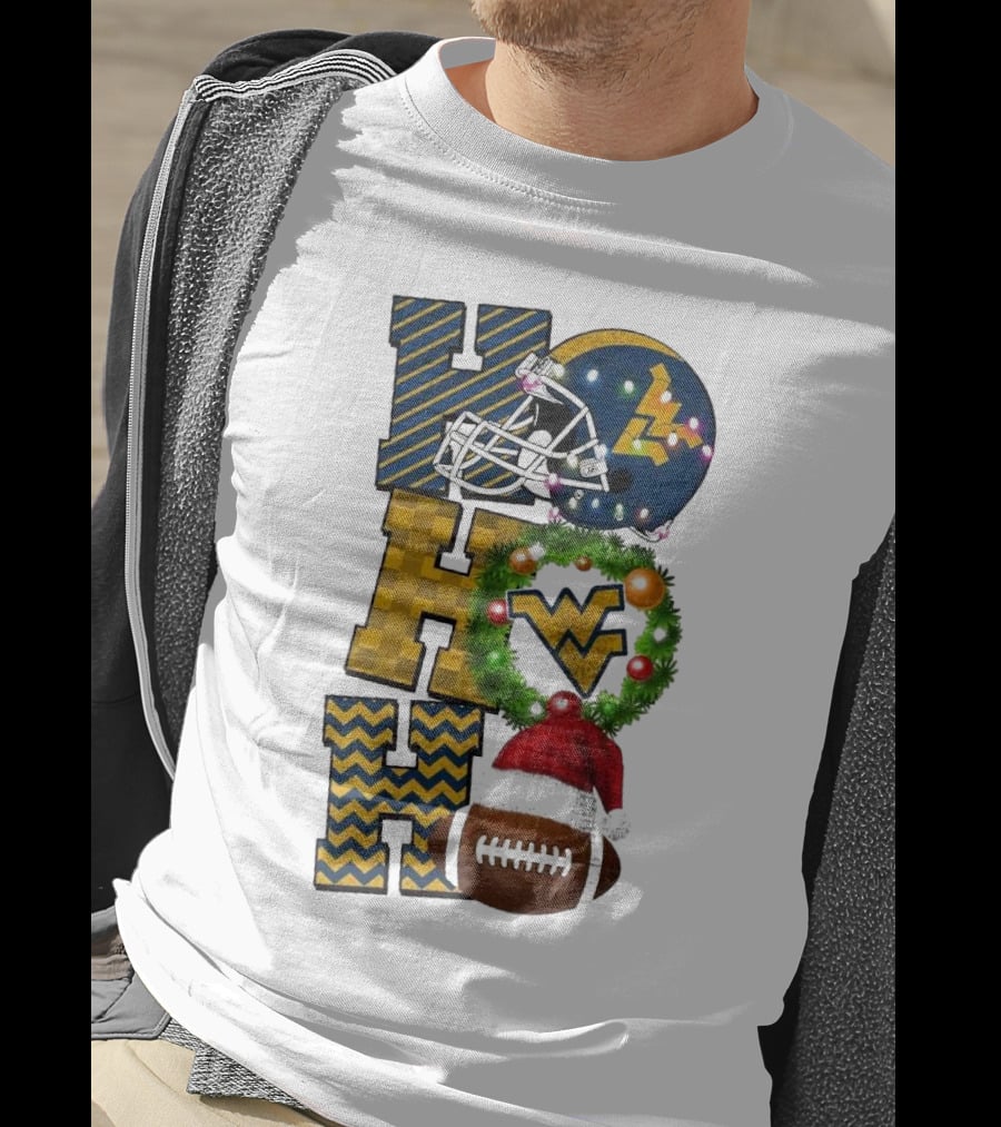 West Virginia Mountaineers Football Christmas Ho Ho Ho Helmet Wreath Santa Hat Game Day T-Shirt