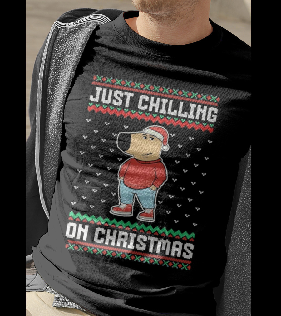 Chill Guy Meme Just Chilling On Christmas Sweater Style Santa Hat Red Green T-Shirt