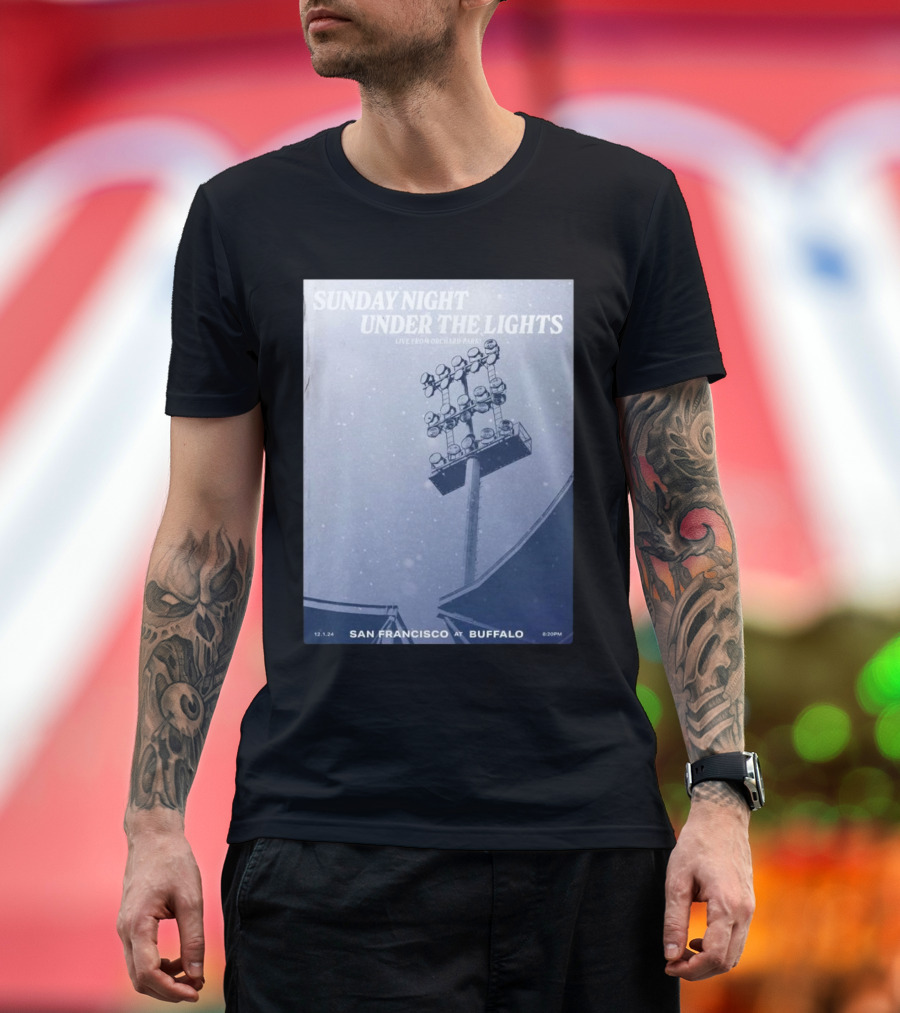 Sunday Night Under the Lights San Francisco at Buffalo 12.1.24 Leftern Greatest Snow on Turf by Dave Fortman T-Shirt