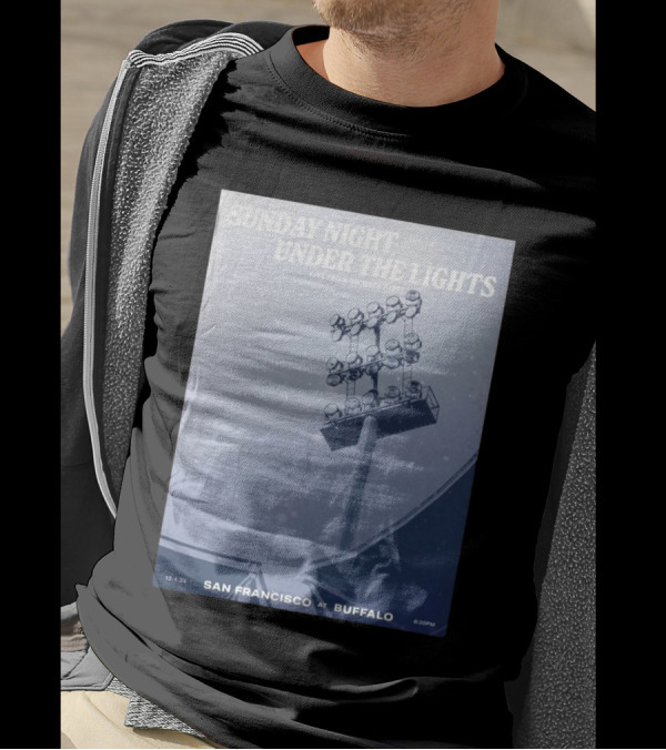 Sunday Night Under The Lights San Francisco At Buffalo 12.1.24 Leftern Greatest Snow On Turf By Dave Fortman T-Shirt