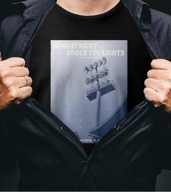 Sunday Night Under The Lights San Francisco At Buffalo 12.1.24 Leftern Greatest Snow On Turf By Dave Fortman T-Shirt