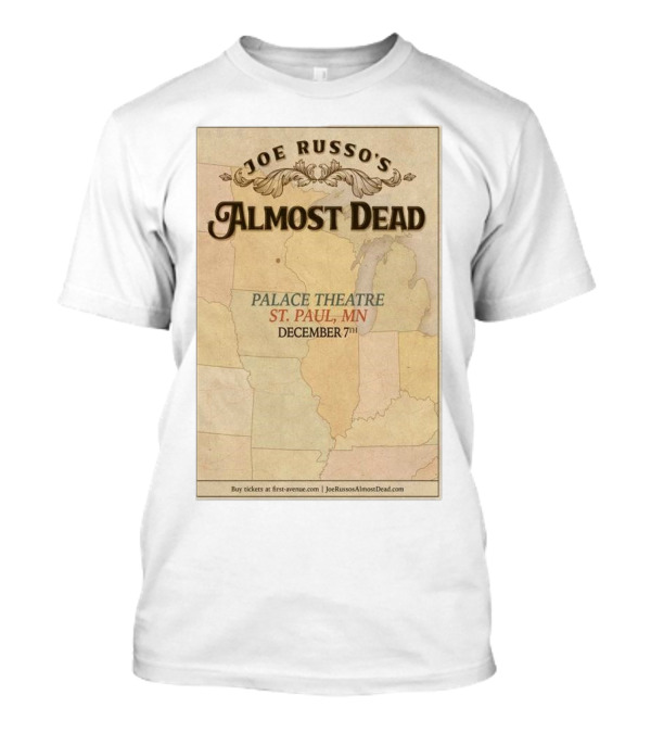 Joe Russo's Almost Dead December 7th 2024 Palace Theatre St. Paul MN Tour Poster With Vintage Map T-Shirt