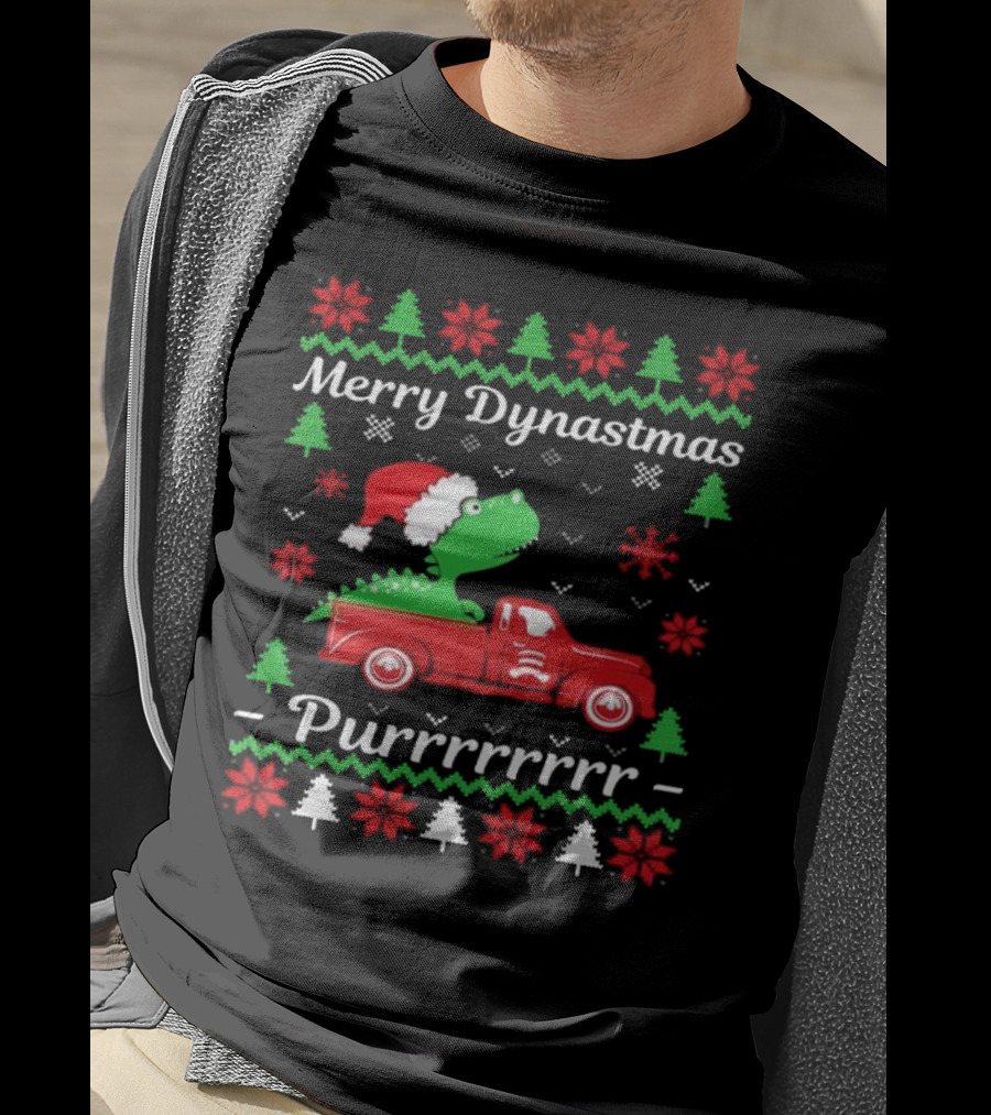 Merry Dynastmas Dinosaur Santa Hat Red Truck Ugly Christmas Purrrrrrrr T-Shirt