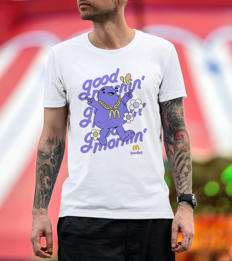 Good Mornin’ Grimace Doodles McDonald’s Butterfly Flowers T-Shirt