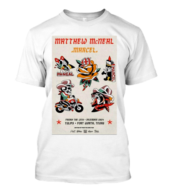 Matthew McNeal Marcel Tour December 13 2024 At Tulips Fort Worth TX Featuring Iconic Tattoo-Style T-Shirt