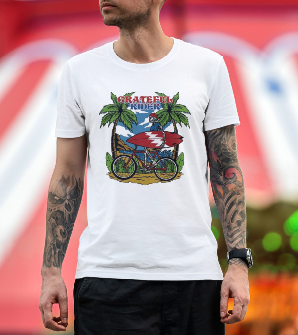 Premium T-Shirt: Grateful Rider Skeleton Beach Cruiser with Surfboard and Palm Trees T-Shirt Grateful Rider Skeleton Beach Cruiser with Surfboard and Palm Trees T-Shirt