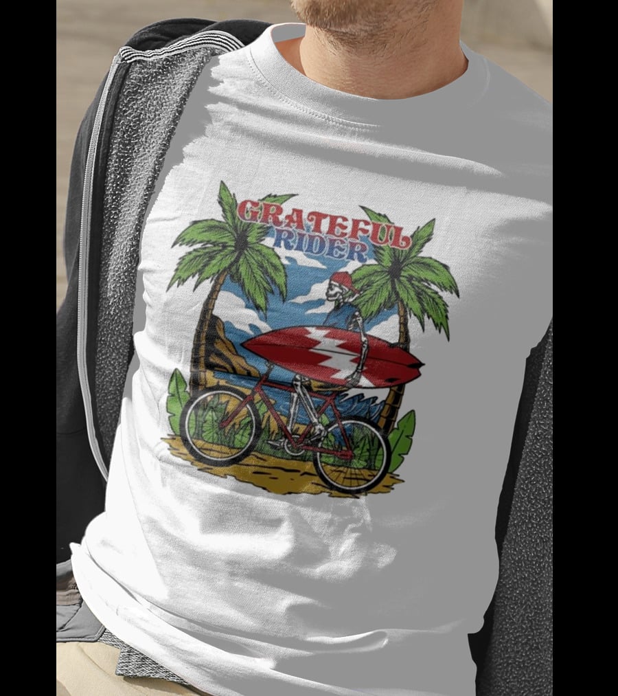 Grateful Rider Skeleton Beach Cruiser With Surfboard And Palm Trees T-Shirt