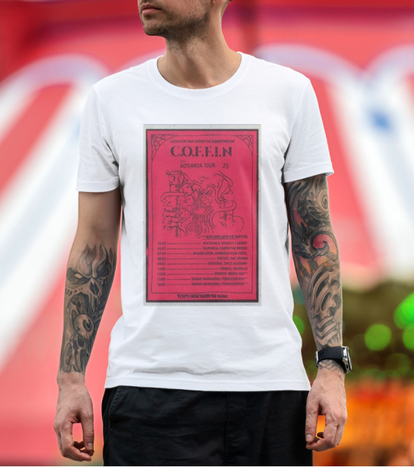 Premium T-Shirt: C.O.F.F.I.N Aotearoa Tour 2025 with Amyl and the Sniffers Tickets from Under the Radar T-Shirt C.O.F.F.I.N Aotearoa Tour 2025 with Amyl and the Sniffers Tickets from Under the Radar T-Shirt