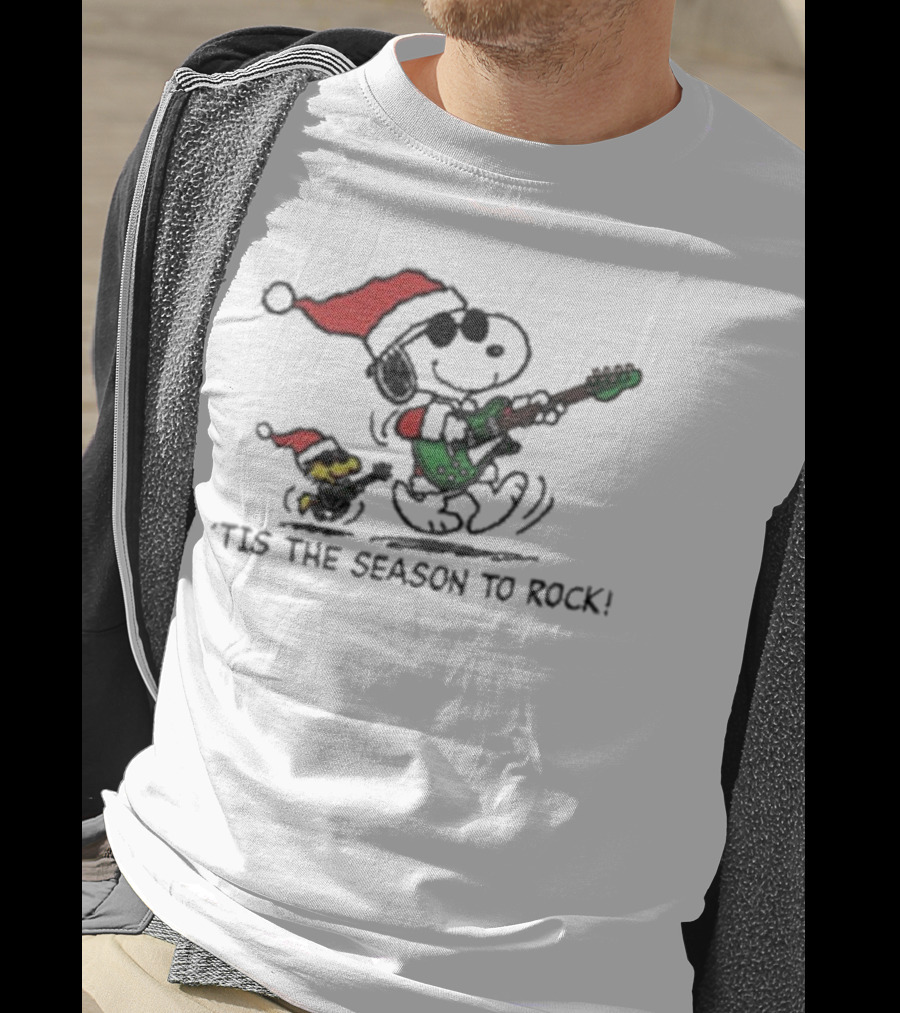 Peanuts Snoopy And Woodstock Christmas Tis The Season To Rock Santa Hat Guitar T-Shirt